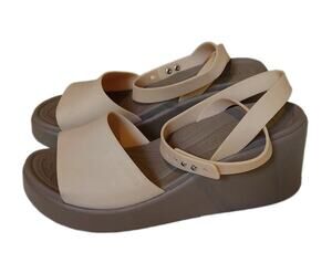 Crocs Brooklyn Women Wedge Sandals Size 10 Tan/Beige Ankle Strap Open Toe